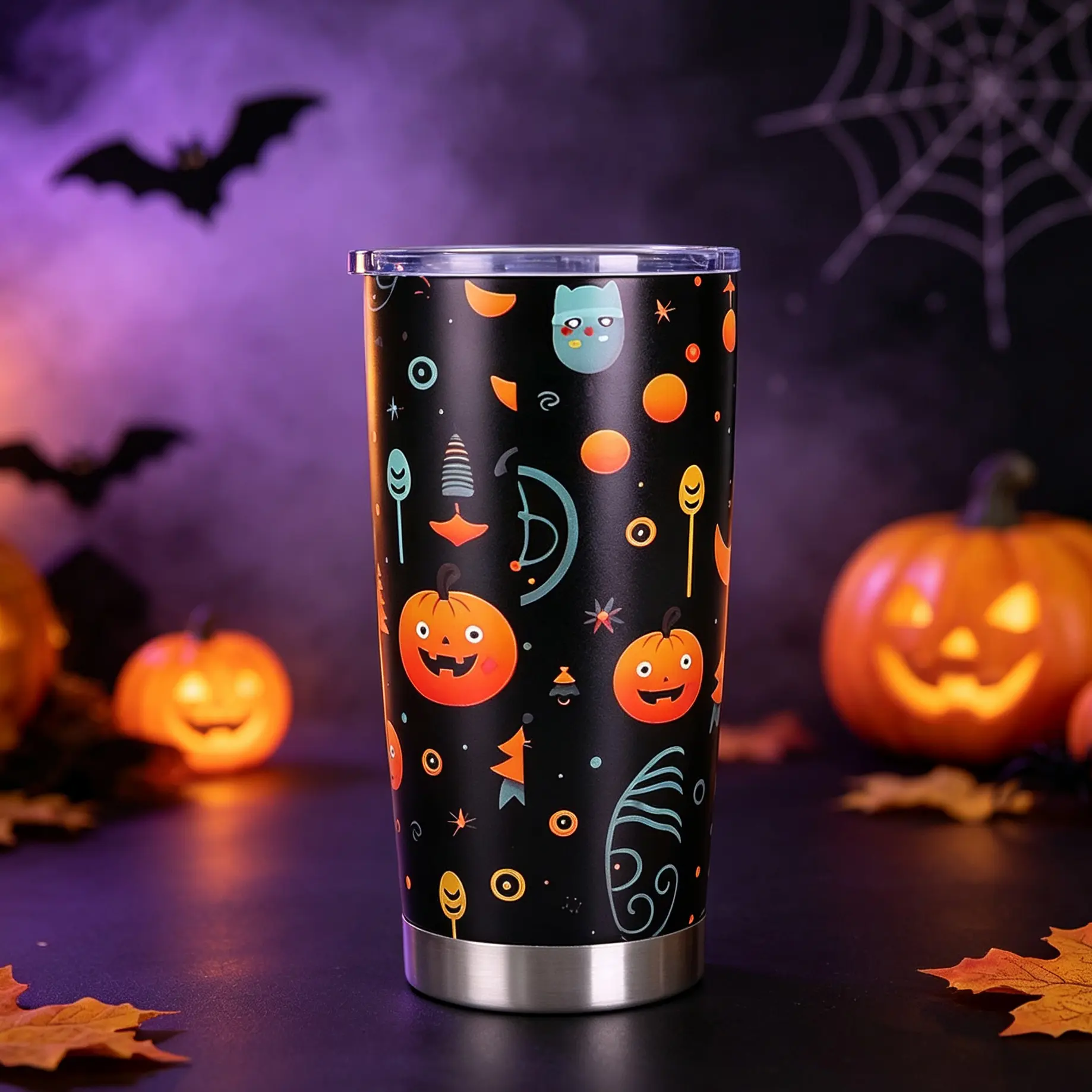 Halloween Pumpkin Ghost Thermos, Reusable Travel Coffee Cup, Stainless Steel Car Cup, Cute and Quirky Holiday Drink Cup, with a Transparent Leak-proof Lid, Perfect for Parties and Everyday Use, Ideal Halloween and Birthday Gift