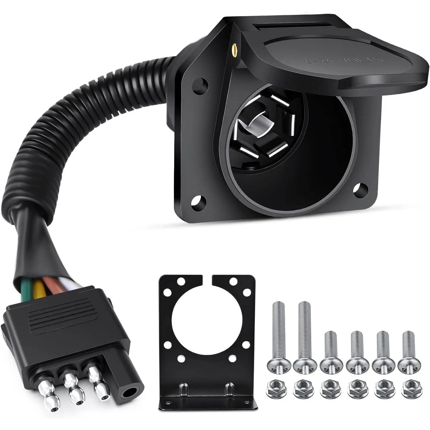 4 Way Flat to 7 Way Round Blade Trailer Adapter Wiring Harness 4 Pin to 7 Pin Electrical Connect Wiring Plug Connector with Mounting Bracket for RV Truck Factory Tow Package