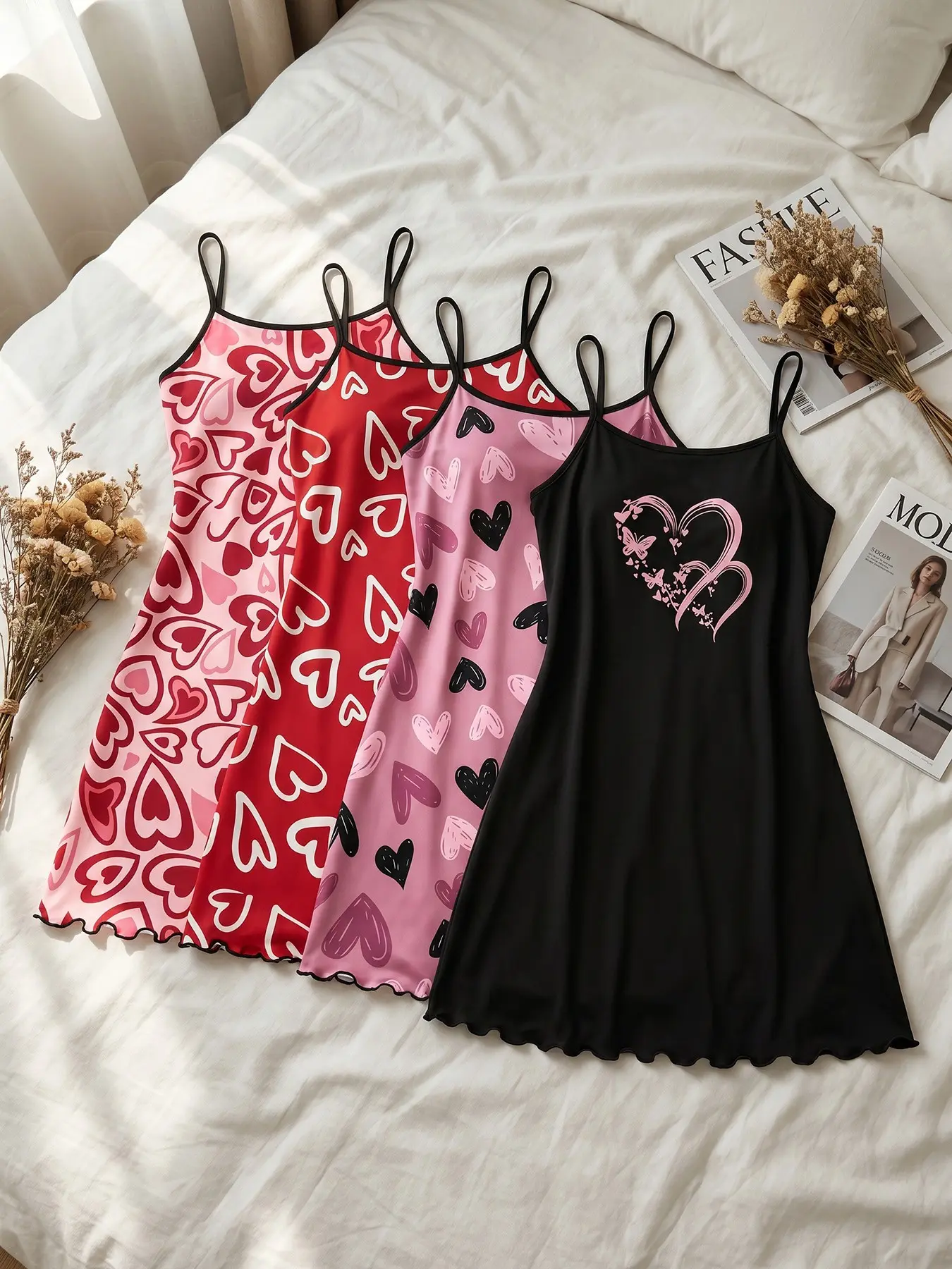 Women's 4 Pack Cami Nightgowns, Spring Summer Wear, Valentine Romantic Heart Butterfly Print Ruffle Hem, Sweet Romantic Style, Casual Sleepwear for Home & Date Night