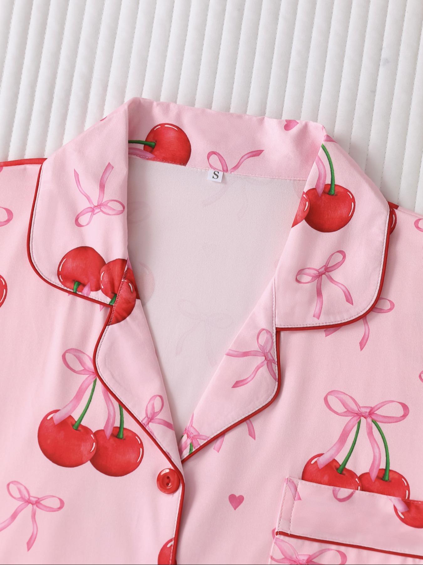 Women's Strawberry & Heart Print Lapel Neck Shirt & Shorts Pyjama Two-piece Set, Ladies Sleepwear for All Seasons, Pajama Set, Loungewear