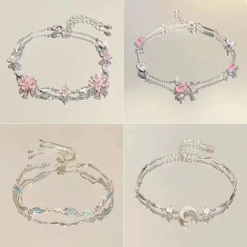 Women’s Pink Zircon Wrist Bracelet with Cherry Blossom, Star Moon, Bow Charms – Elegant Minimalist Niche Daily Leisure Jewelry, Cute Girly Gifts, Soft Affordable Luxury Aesthetic