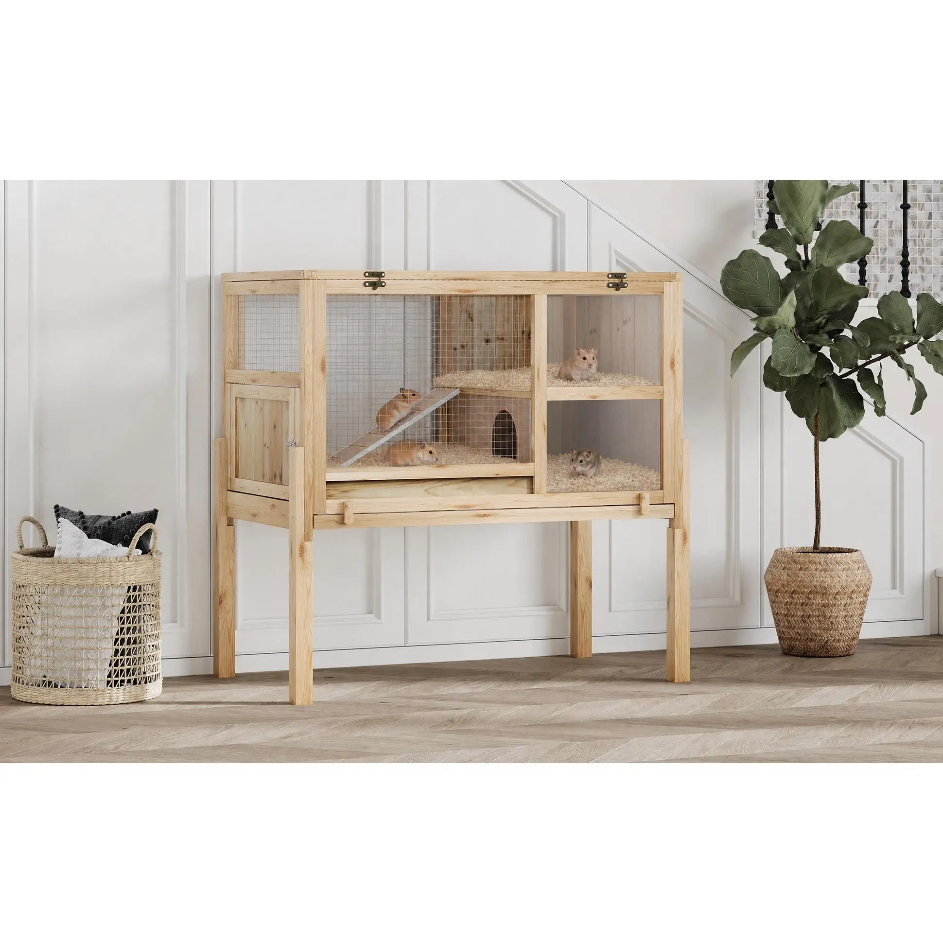 Large Chew-Proof Hamster Cage – 38"×21"×36.6" Fir Wood Habitat – for Hamsters, Gerbils & Small Rodents – Natural Wood/Grey