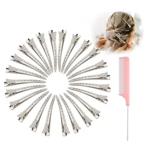 Hair Clips for Rollers,Pin Curl Clip,Metal Duck Billed Hair Clips for Women Styling,24pcs(3.5Inch) Silver larger Aligator Curl Loc Clips, Salon,Bows DIY,1pcs Rat Tail Combs,