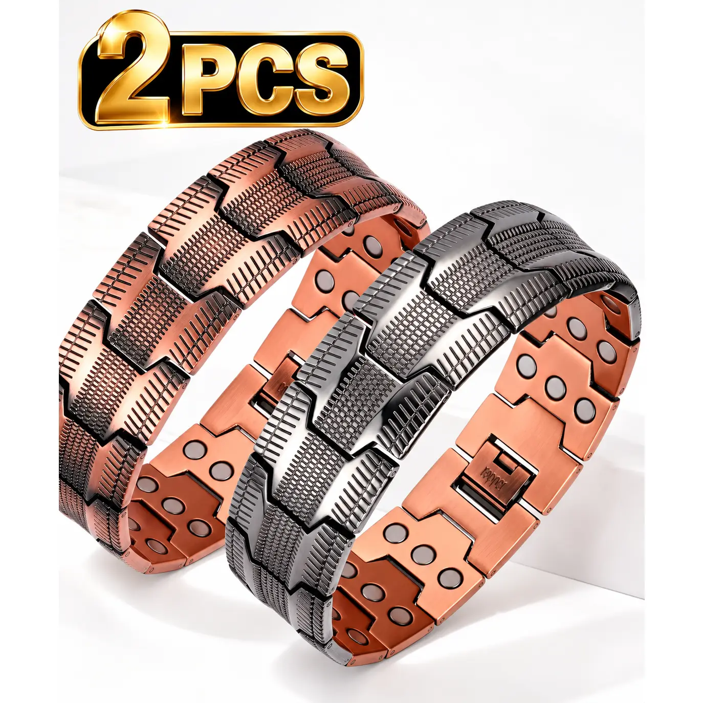 2Pcs Copper Bracelet for Men, 3X Ultra Strength Magnetic Bracelet, 99.99% Pure Copper with 3500 Gauss Neodymium Magnets, Adjustable Hypoallergenic Jewelry, Valentine's Day Gift
