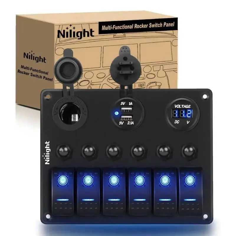 Nilight 6Gang ON/Off Blue Rocker Switch Panel w/ Dual USB Cigarette Lighter Socket Voltmeter, Usb Ports, 12-24V Input, Abs&Pc