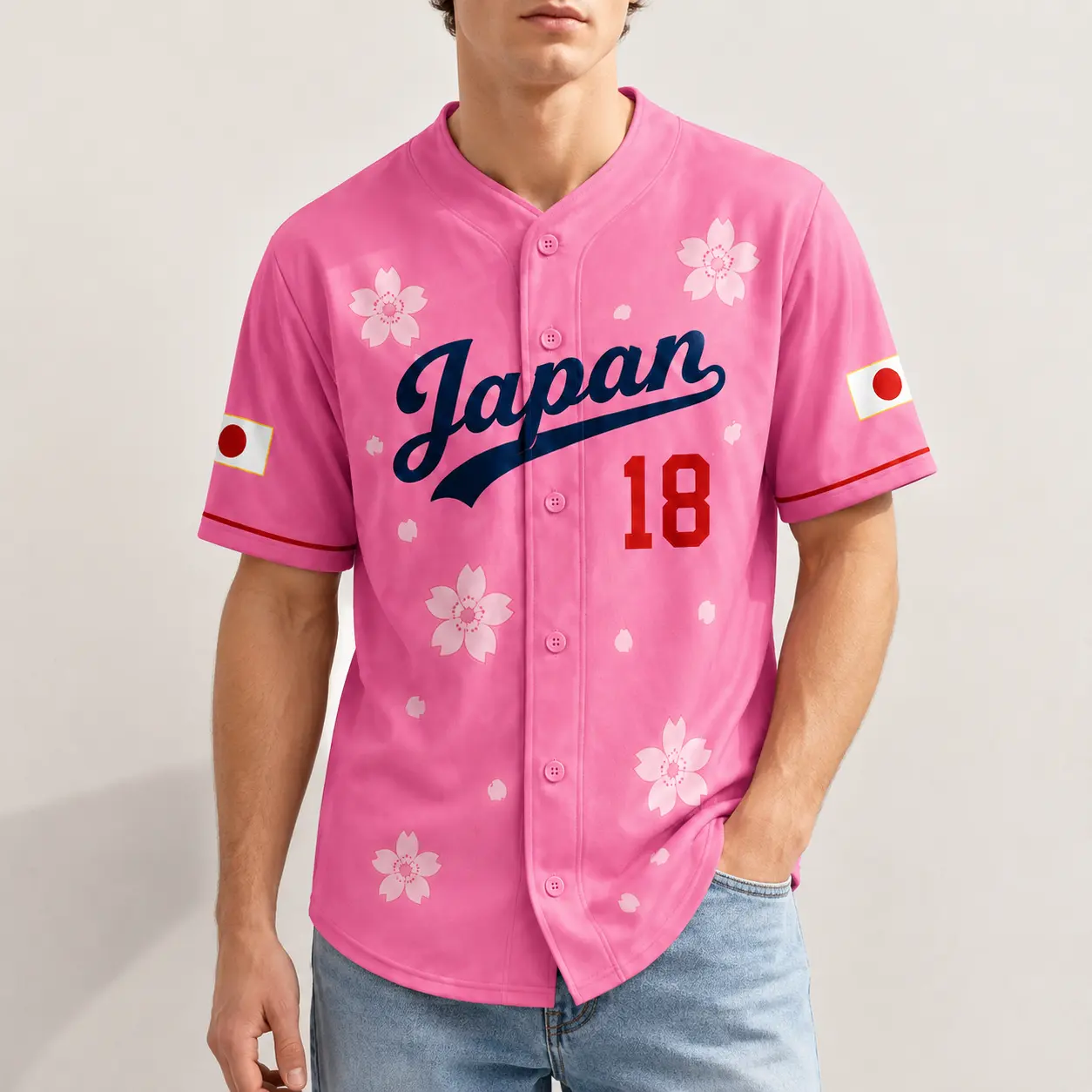 Japan Sakura Baseball Jersey Men Women, Pink Button Down V Neck Jersey Shirt, Cherry Blossom Graphic Short Sleeve Summer Streetwear Game Day Top,clothes,outfits,men's wear,men fashion,summer men clothes,fashion men clothes