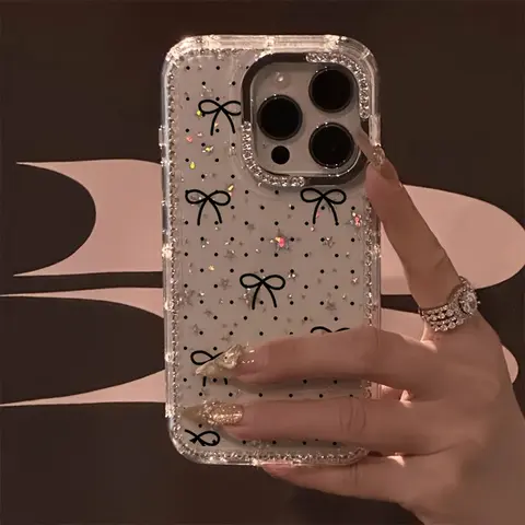 Luxury Polka Dot Bow Rhinestone Silicon Phone Cover - Transparent Diamond Glitter Frame, Star Anti-Shock Protective Casing, Mobile Accessory for iPhone 17 Pro Max,17 Air,16,15,14 Plus,13,12 (Christmas Gift)