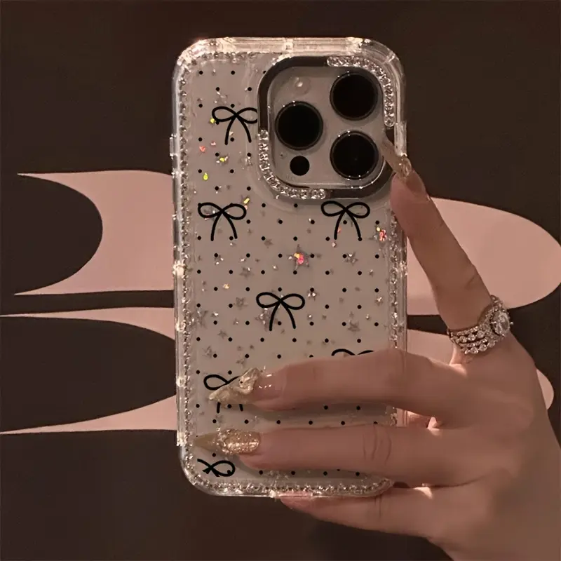 Luxury Polka Dot Bow Rhinestone Smartphone Cover - Transparent Diamond Glitter Frame, Star Shockproof Protection Casing, Mobile Phone Accessories for iPhone 17 Pro Max,17 Air,16,15,14 Plus,13,12 (Christmas Gift)