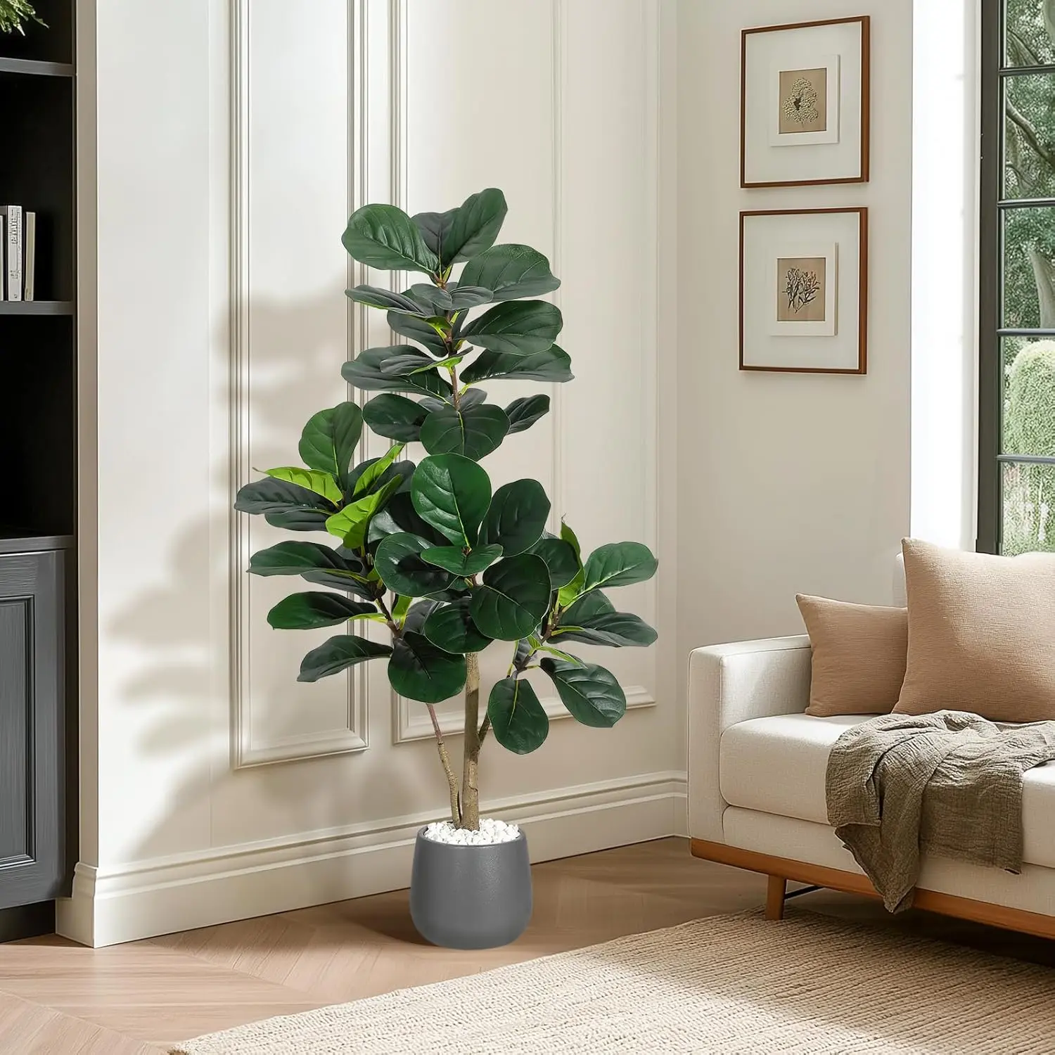 4 ft Artificial Fiddle Leaf Fig Tree – 48 Realistic Leaves, Faux Ficus Lyrata in Grey Planter, Indoor Floor Plant for Home, Office & Living Room, Ideal Housewarming Gift