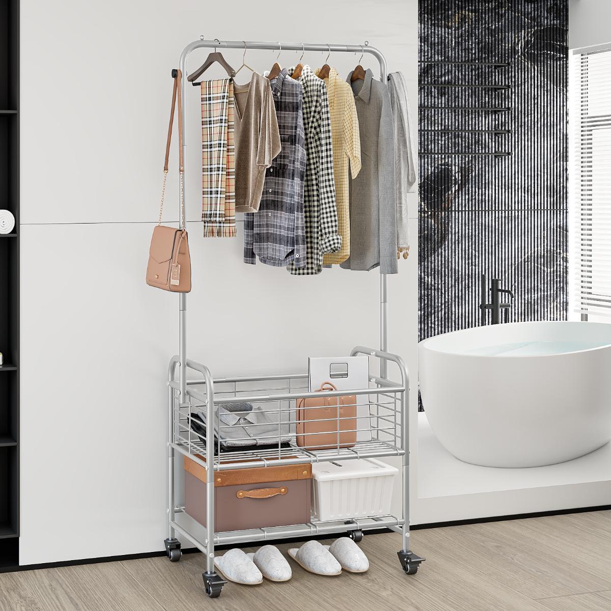 Heavy Duty Metal Garment Rack Mobile Clothes Rack with Wheels Laundry Cart with Storage Shelf and Side Hooks