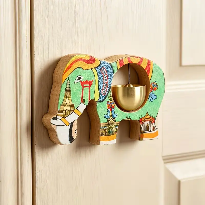 Painted Elephant Wooden Doorbell, Thai Magnetic Doorbell, Lucky Elephant Natural Wood Wind Chime, No Drilling, Soft Sound, Entryway Decor, Moving Gift