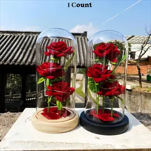 Eternal Rose in Glass Dome with LED Lights Artificial Preserved Flower Desktop Ornament Romantic Home Decor Gift for Mom Women Girlfriend Birthday Anniversary Memorial Present