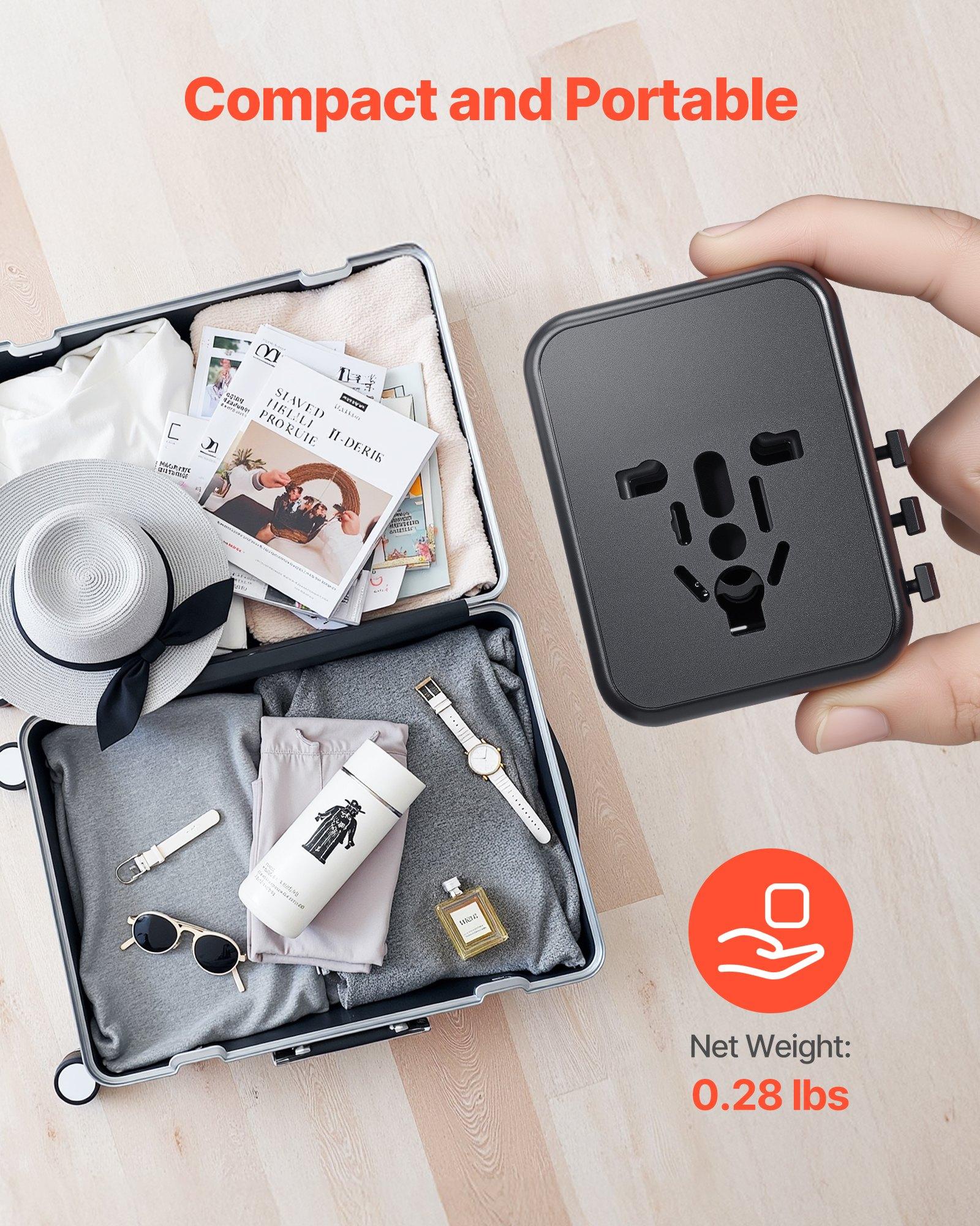 VEVOR Universal Travel Adapter, 5-in-1, International European Power Adapter with 2 USB-C, 2 USB-A Ports, 1 AC Outlet, 4 Different Plugs, Worldwide Plug Adaptor Wall Charger, for Europe UK EU AUS USA