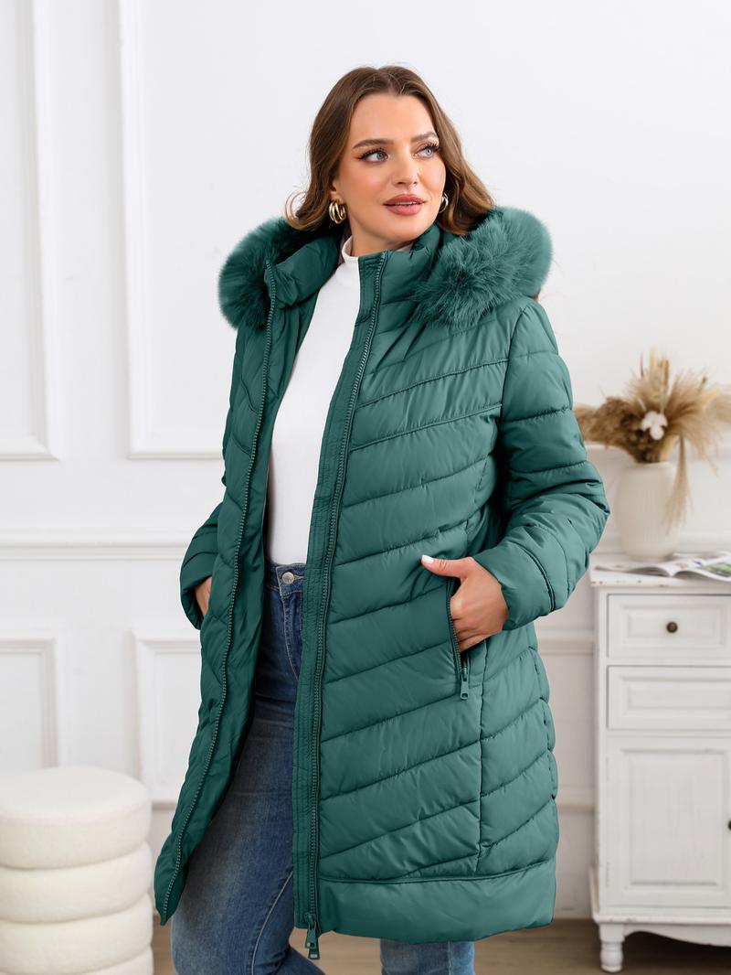 Women's Winter Elegant Simple Hooded Cotton Jacket, Mid-Length Fur Collar Zipper Pocket Coat, Commuter Casual Long Sleeve Outerwear