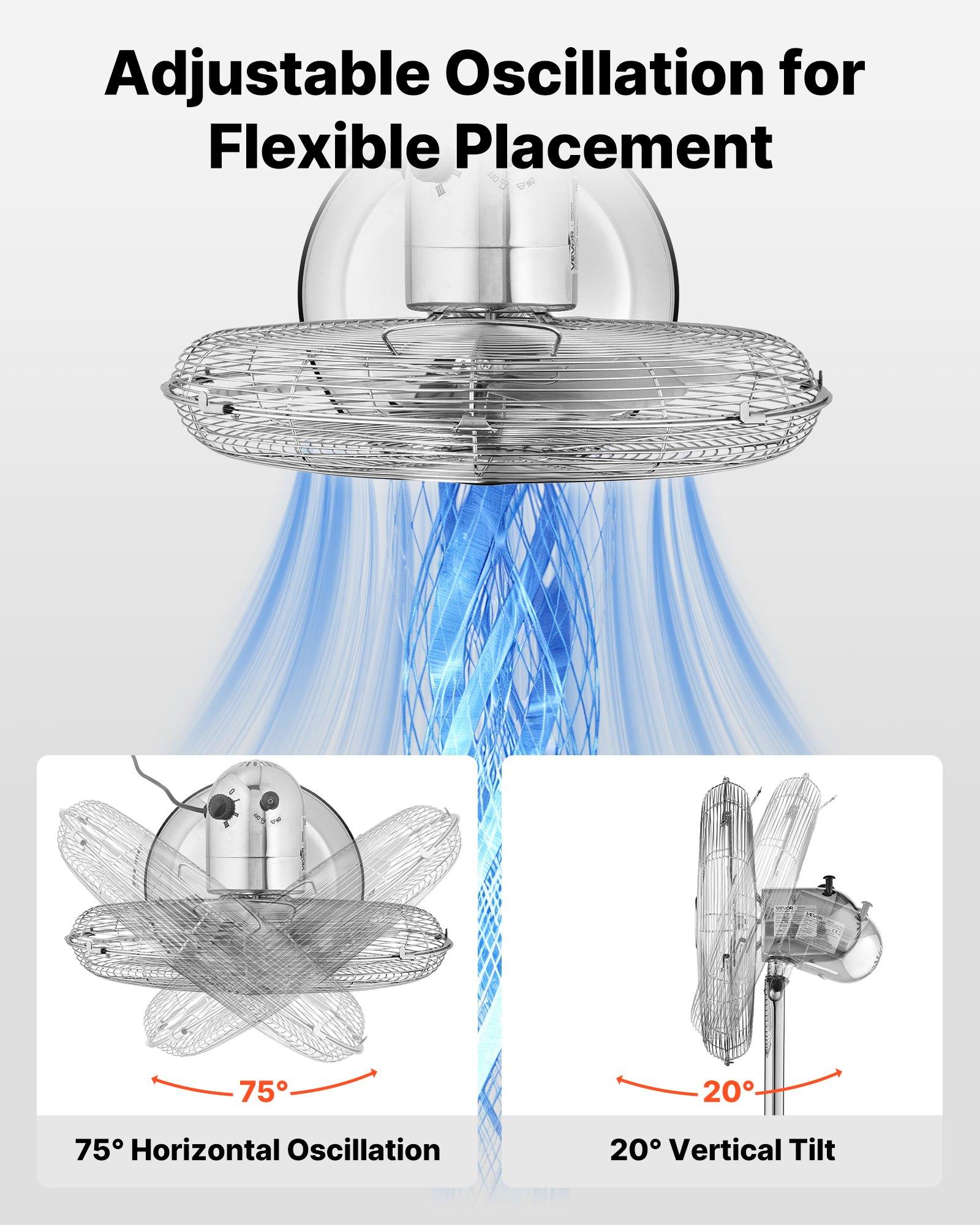 VEVOR 16-Inch High Velocity Pedestal Fan, 1450 CFM Industrial Standing Floor Fan with Handle, 75 ° Oscillating, 3-Speed Adjustable Height, Metal Made for Commercial, Garage, Workshop, Home, Silver VEVOR 16-Inch High Velocity Pedestal Fan, 1450 CFM Industrial Standing Floor Fan with Handle, 75 ° Oscillating, 3-Speed Adjustable Height, Metal Made for Commercial, Garage, Workshop, Home, Silver