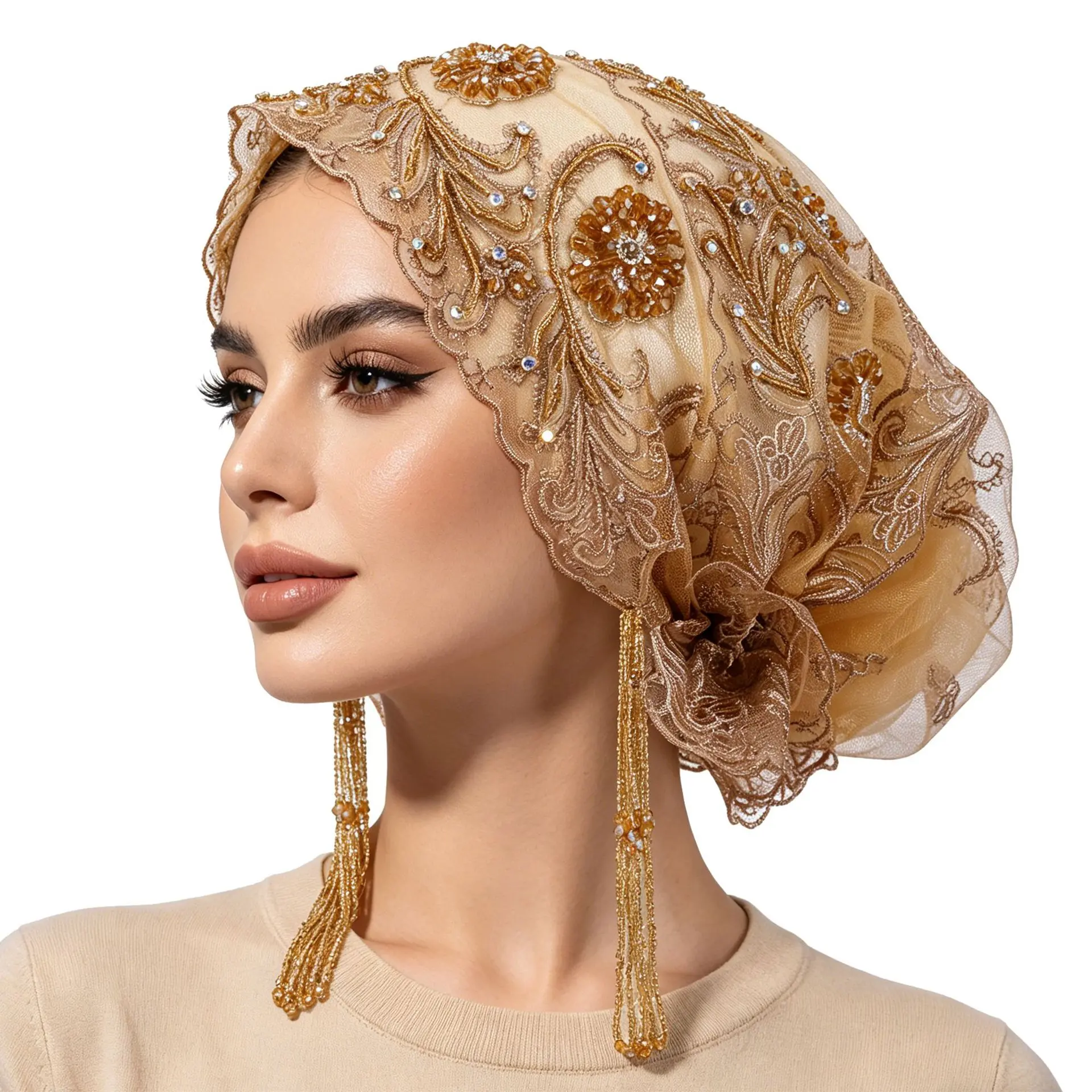 Women's Soft Stretch Slip-On Turban Beanie Cap - Viral Gold Beaded Floral Scalloped Lace Edge, Hanging Beaded Tassels, Full Coverage, Female Wear for Church Events Evening Party, One Size Fits Most