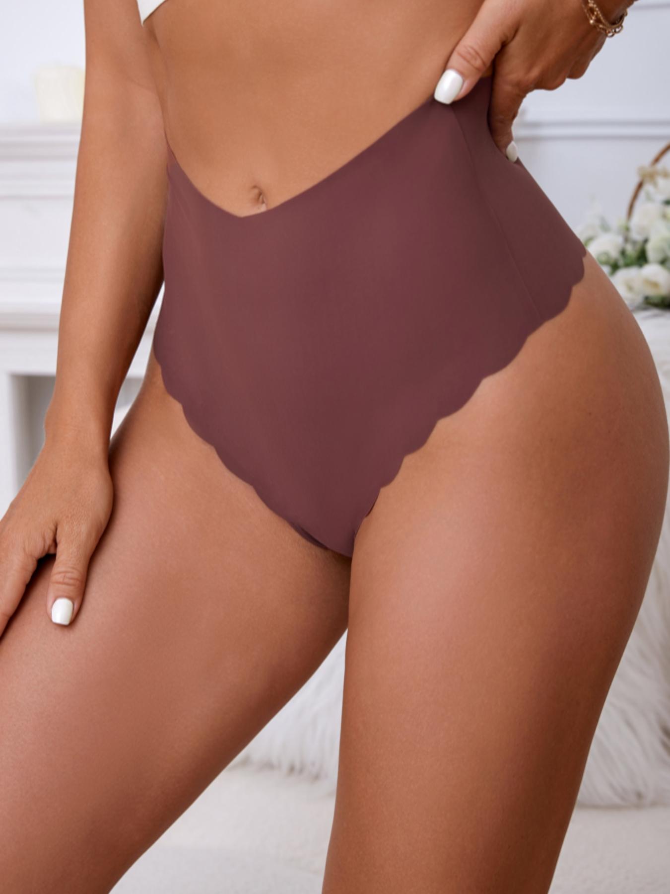 Women's Solid Scallop Trim High Waist Panty, Soft Comfy Breathable Seamless Knicker for Daily Wear, Underwear for All Seasons, High Waisted Seamless