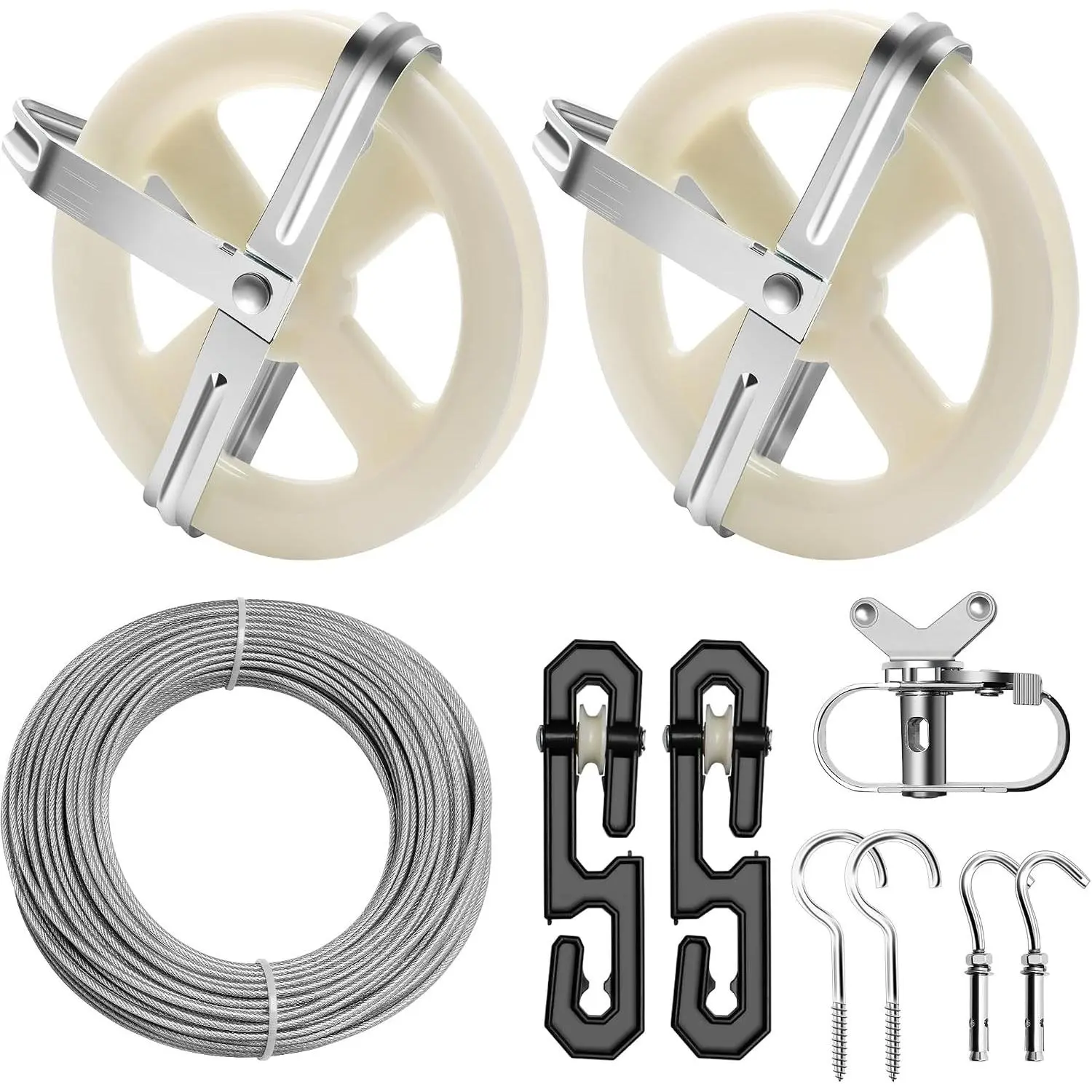 Clothesline Kit Outdoor 150.9FT Wire Rope PVC Coated with 5" Pulleys, S-Type Dividers, Tightener, Screw Hooks & Expansion Screws
