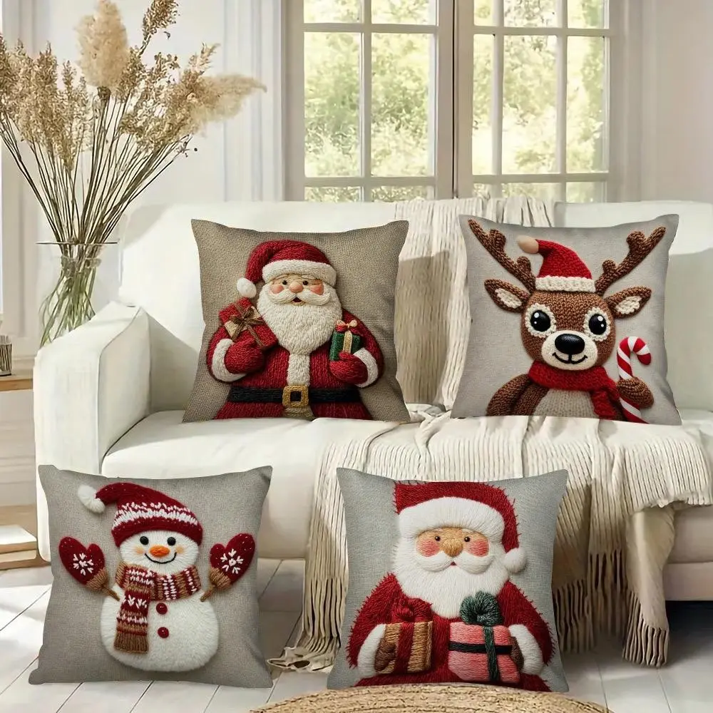 4-Piece Holiday Christmas Pillowcase Set - Santa Claus, Snowman, Reindeer, and Candy Cane Designs - Polyester, Zipper, Machine Washable - Suitable for Living Room and Sofa Decoration (Only Covers), Christmas Decoration Without Pillow Inserts