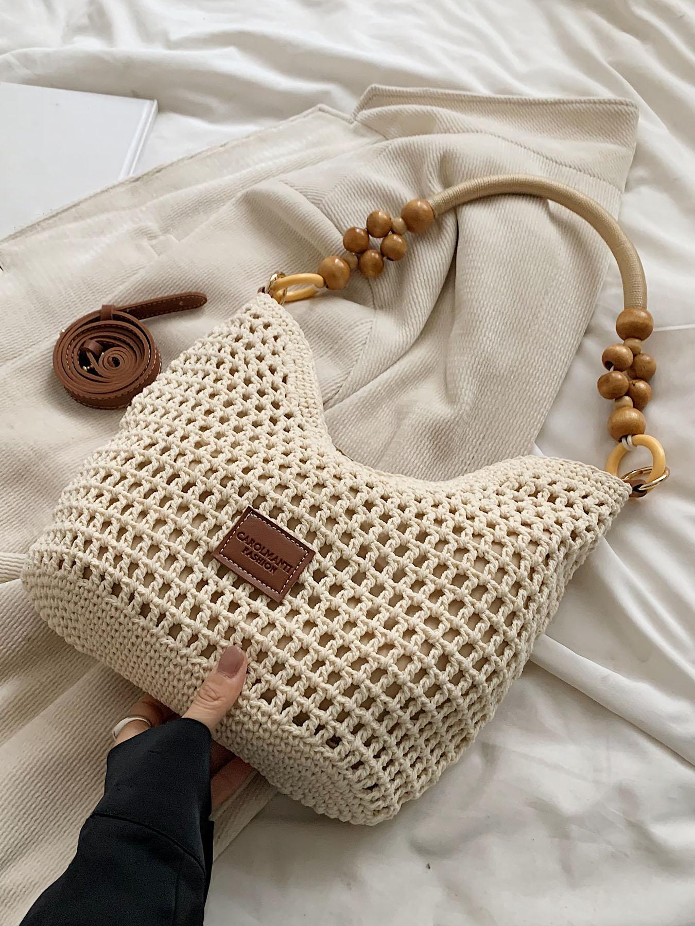 Women's Elegant Crochet Crossbody Bag, Fashionable Shoulder Bag with Wooden Beads Handle, Casual Trendy Versatile High-quality Daily Commuting Bag, Crossbody Purse, Casual Commuter Bag
