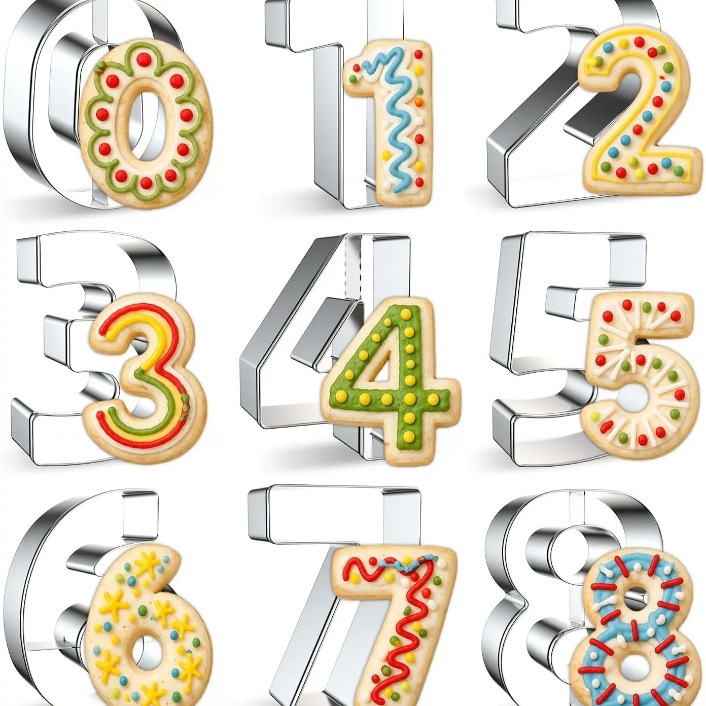 9-Piece Digital Cookie Die Set, Birthday Numbers Stainless Steel Baking Cutters for Home Cookies and Dough Shaping Tools with Fruit & Vegetable Embossing Molds