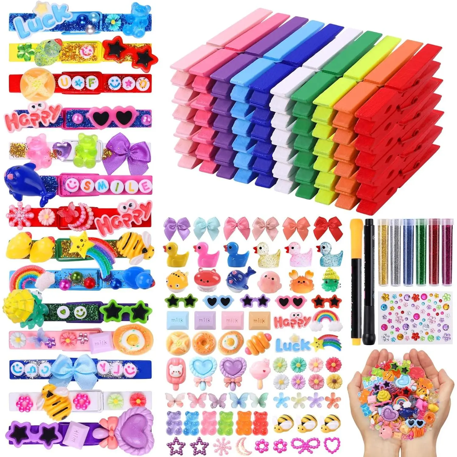 Cute Durable Cheer Pins Bulk Set - 80 Colored Wooden Spirit Clips, 126 Mini Resin Animals, Bows, Daisies, Sticker Pen, 300 Beads, Pearls for Backpacks, Ribbon, Team Classroom Cheer Gifts (Rainbows, Fun Shapes)