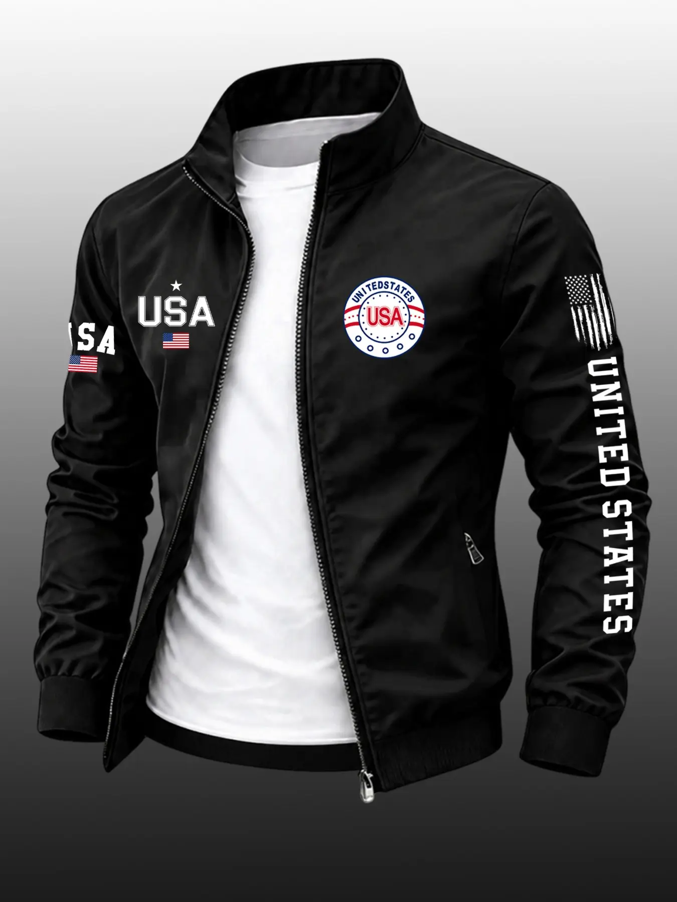Men's Usa Badge Lapel Jacket, Durable Casual Zipper Outerwear, Patriotic Business Style, Four-Season Slim Fit, Perfect Gift