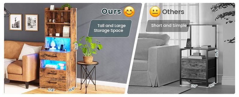 Sikaic LED Tall Nightstand with Bookshelf Brown Multifunctional Console Table Modern Corner Vanity Modern Furniture