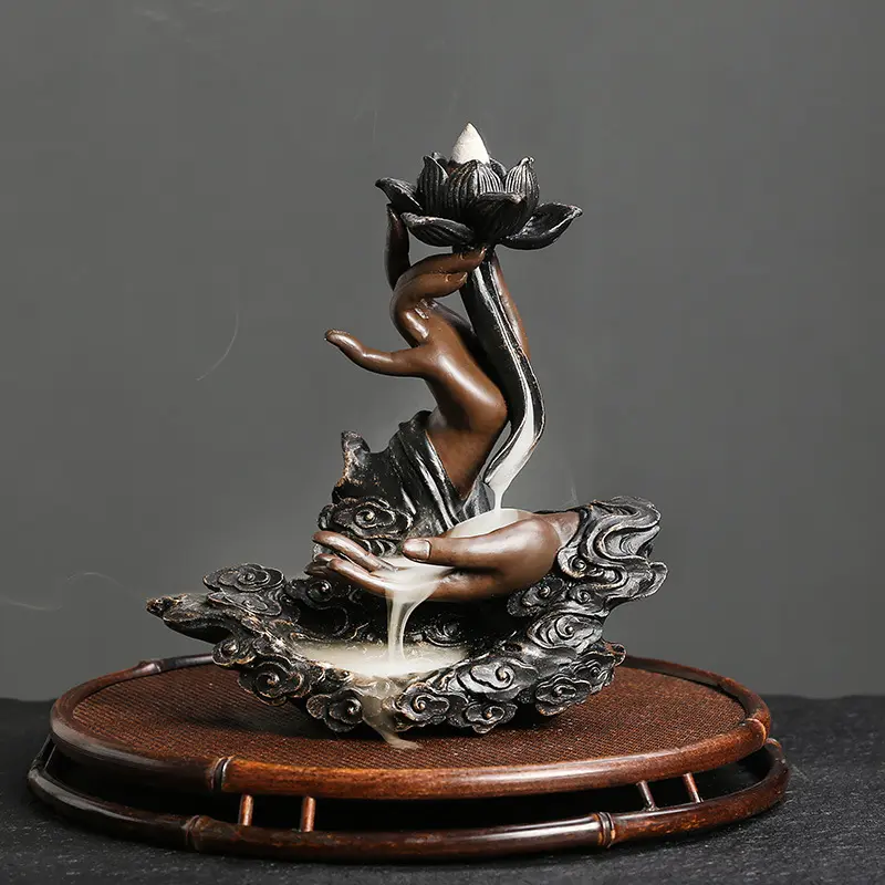Mini Handmade Resin Incense Burner, Lotus Buddha Waterfall Design, Relaxing Smoke Effect, Elegant Feng Shui Art Decor, Includes Accessories, Home Fragrance Products