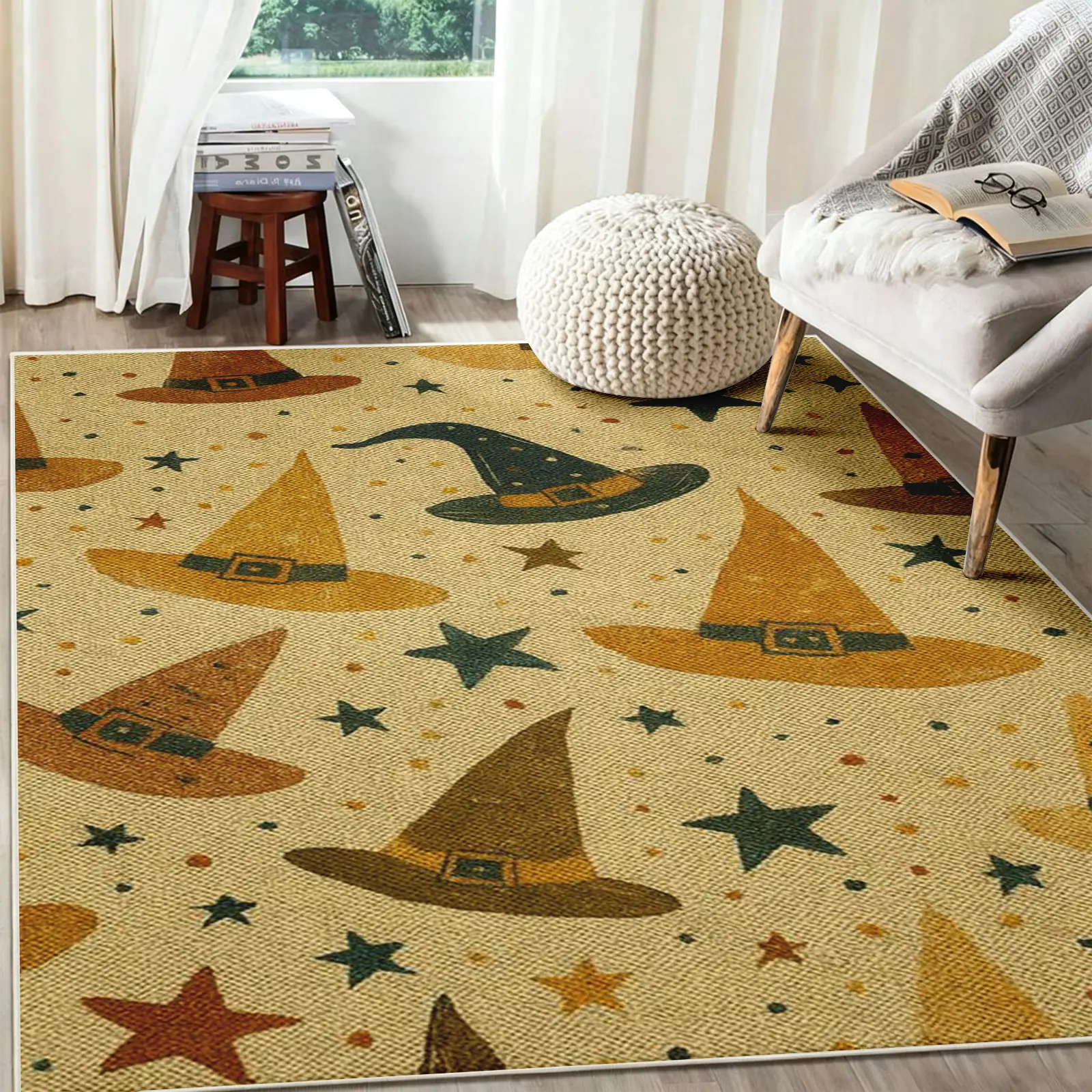 Rustic Woven Witch Hat Area Rug, Whimsical Magic Star & Belt Buckle Print, Soft Cozy Plush Fluffy Non-Slip TPR Washable Carpet, Living Dining Room Bedroom Deocr, Halloween Christmas New Year Housewarming Holiday Gift (Various Sizes, Holiday Season)