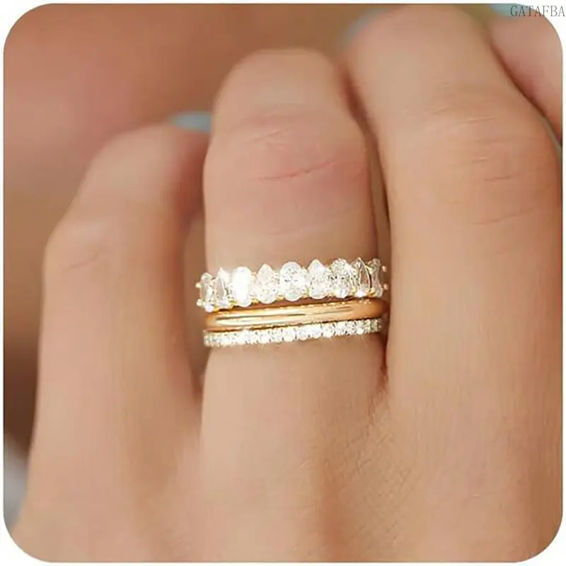 Unisex All-Seasons 3Pcs Quiet Luxury Cubic Zirconia Ring Set, Viral Geometric Design, Stackable Finger Jewelry, Wedding Banquet Gift for Women
