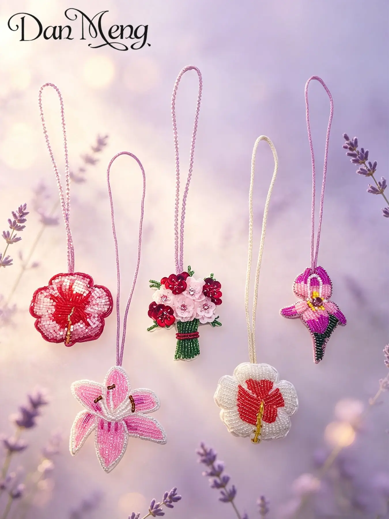 Sweet Girl Style 3D Beaded Flower Bouquet Bag Charm, Light Long Rope Floral Pendant, Soft Atmosphere Unique Luxury Packaging Accessory
