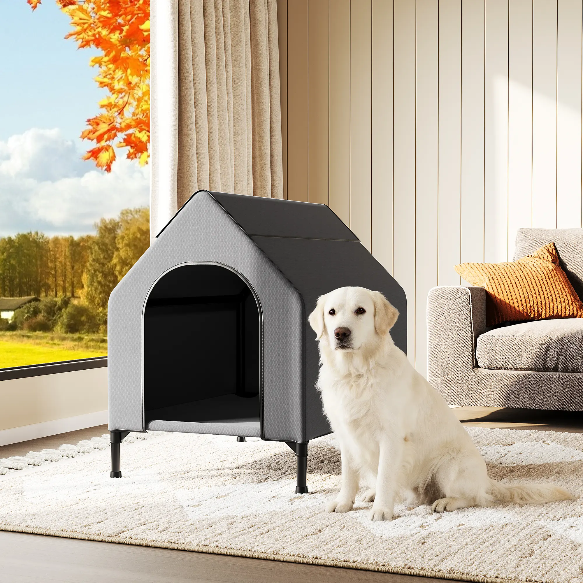 **Weatherproof Elevated Dog House for Medium and Large Dogs up to 90 lb, 600D Oxford Indoor Outdoor Pet Tent Shelter with Breathable Mesh, 2 Roll-Up Roof Windows and 7 in Raised Floor, 41 x 27 x 34.5 in, Gray**