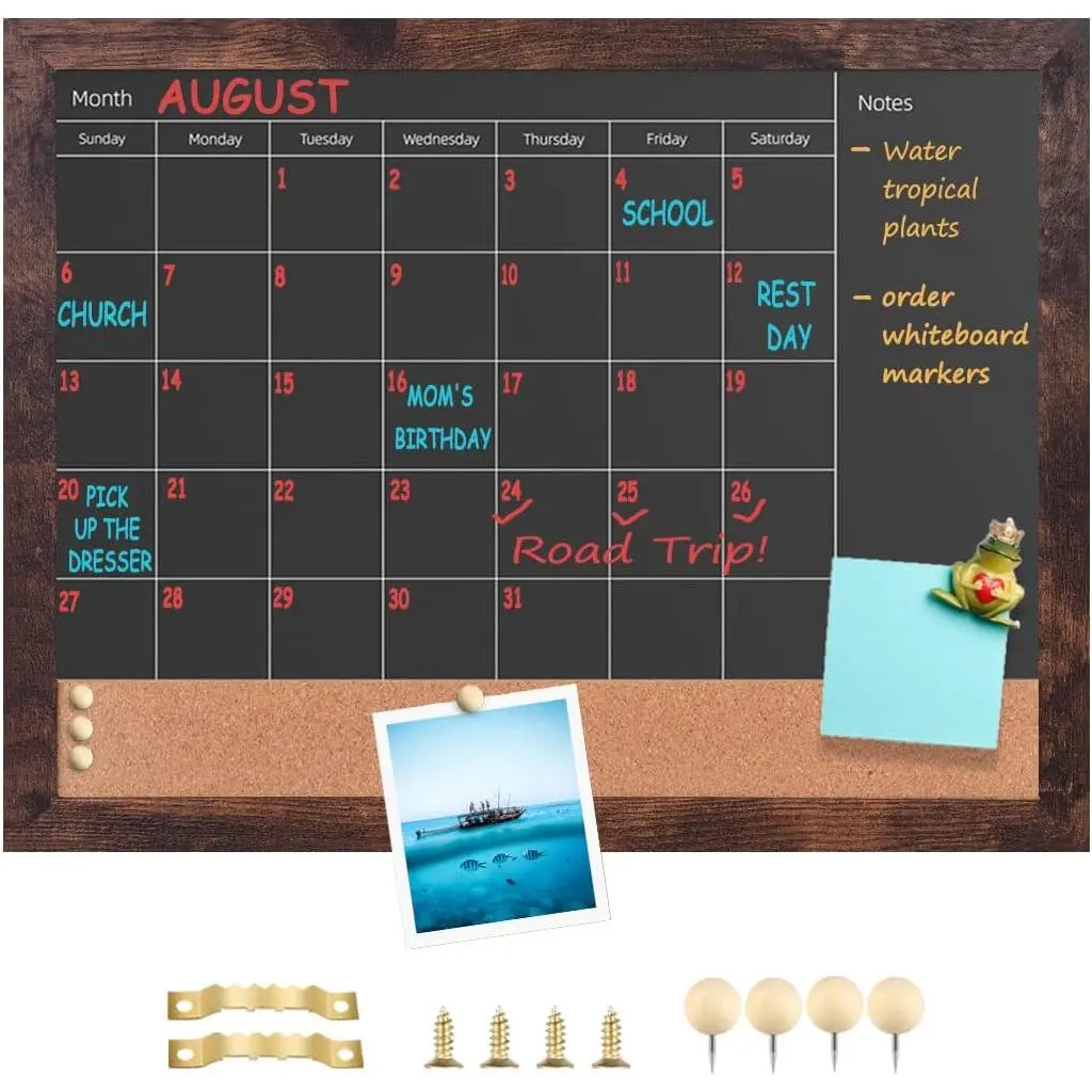 Chalkboard Calendar Corkboard,13" x 17" Combo Chalk Board,Brown(B) | Small Combination Chalk Board & Bulletin Board,Blackboard Calendar Cork Combo Board,for School//Cafe/Office