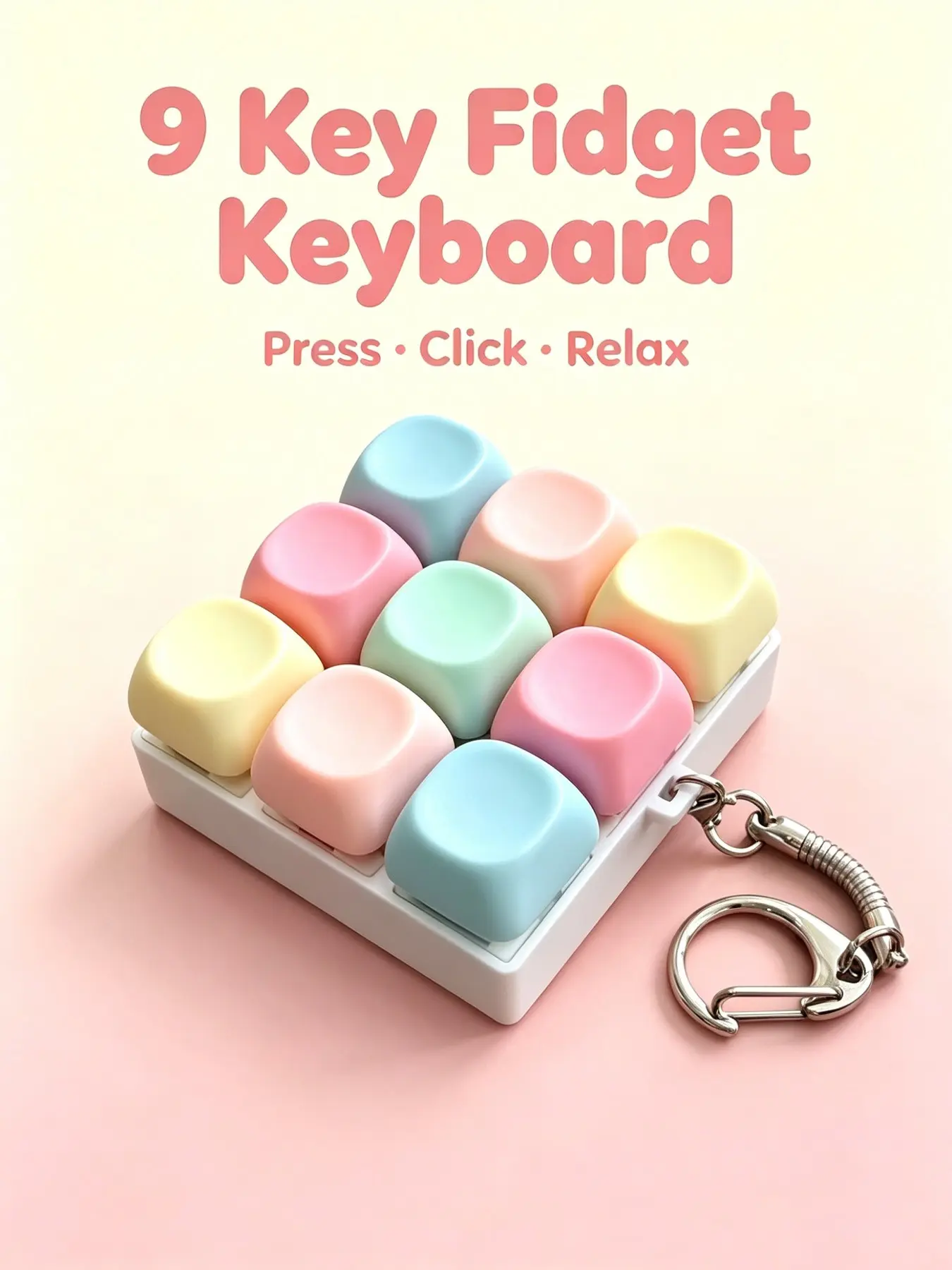 Trendy Macaron Pastel Keycap Fidget Keychain! Click Mechanical Switch Stress Relief Fidgets Bag Charm with 4/9 Keys Option & Spring Metal Lanyard, Cute Aesthetic Accessory for Gamers Students, Lovely Anxiety Relief Gift for Office Workers & Tech Lovers