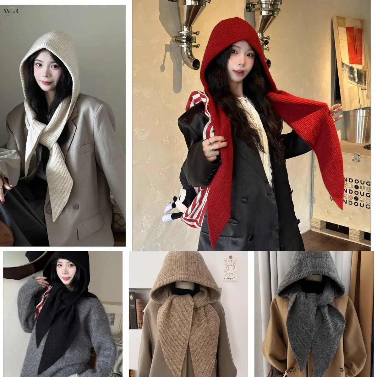 Women Knitted Hooded Scarf Integrated Hat Scarf 2 in 1, Soft Rib Knit Neck Wrap Hood Scarf, Solid Color Warm Headscarf Fashion Winter Neckwear Accessory for Daily Outdoor Wear