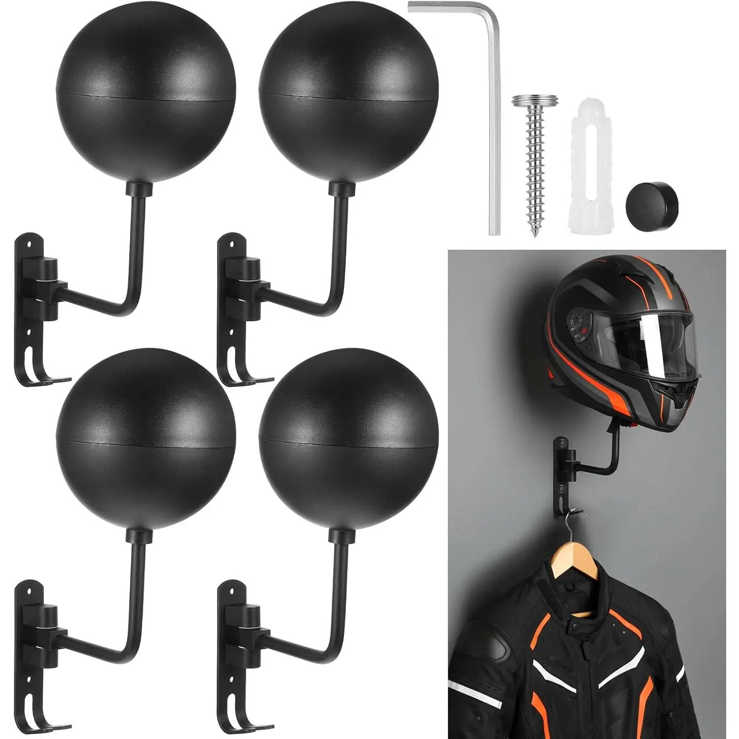 180° Motorcycle Helmet Rack, 4 Pack| Rotatable Helmet Holder Wall Mount with 2 Hooks for Motorcycle Gear Coats Caps and Sports Accessories