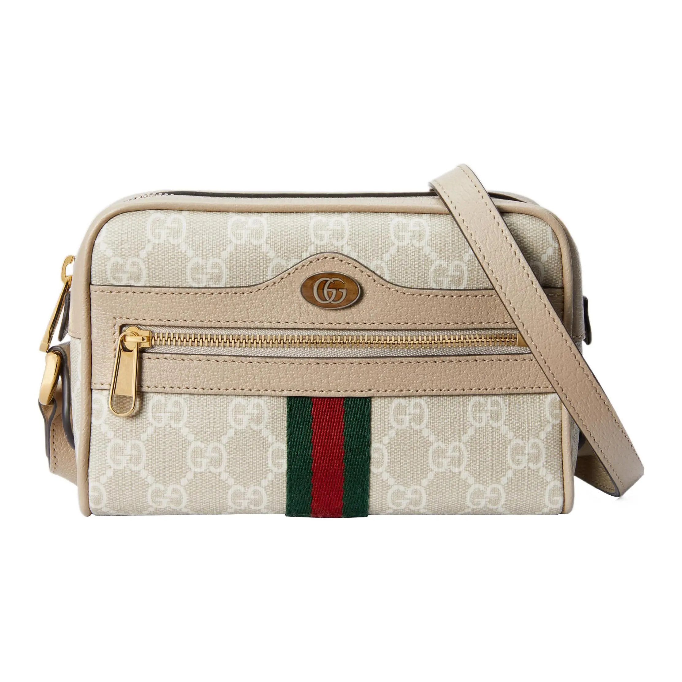 Gucci Ophidia Mini Crossbody Bag for Women – Canvas and Leather with GG Logo Webbing, Beige and White