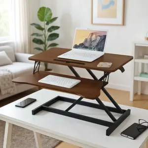 32 Inch Height Adjustable Stand Up Desk Riser, Heavy Duty Computer Workstation with Removable Keyboard Tray - Ergonomic Design for Home Office Workshop Gaming, Spacious Platform, Walnut Color