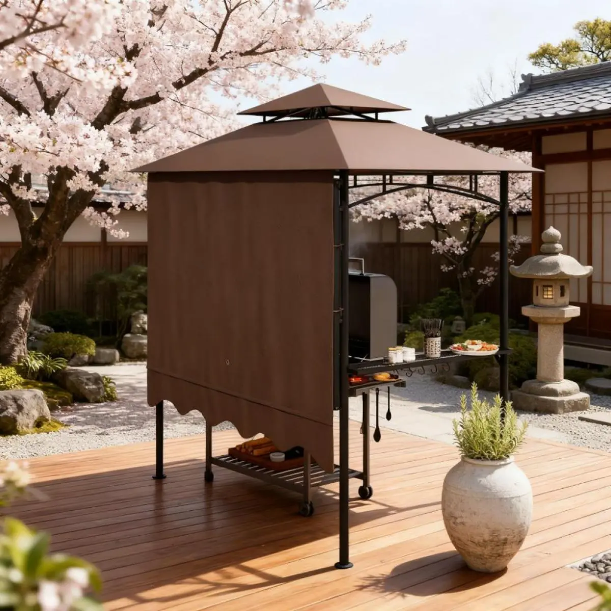 [Bellemave]  8' x 5' FT Outdoor Grill Gazebo, Double Tier BBQ Canopy with Adjustable Side Awning & Storage Shelves for Patio Grilling