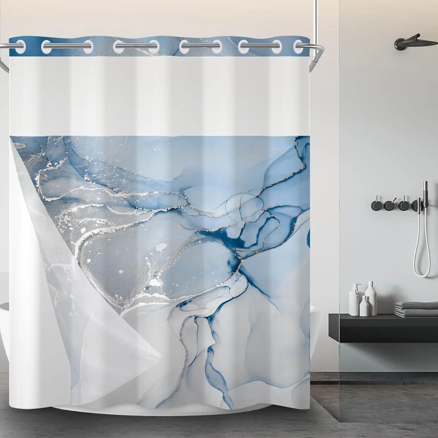 No Hook Shower with Snap in Liner Shower and Liner Set Waterproof and See-Through Top Window Decorative 71x74inch