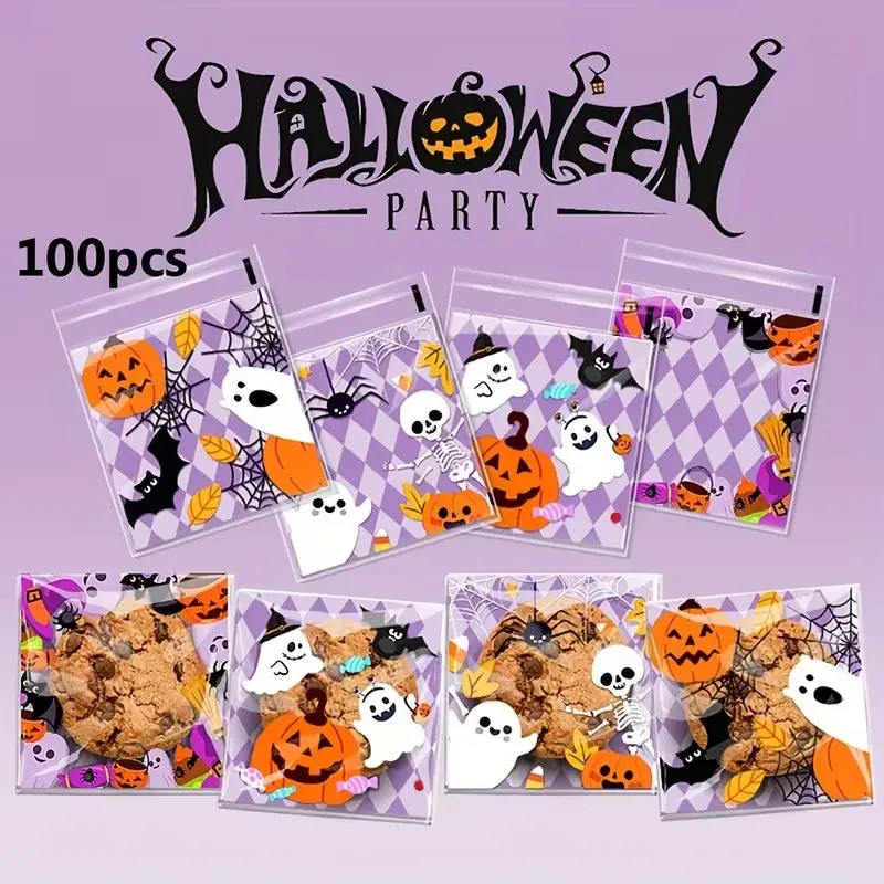 100 Pack New Cartoon Pumpkin Ghost Halloween Cookies Candy Wrapper, Party Gift Self-Seal Bags, Snowflake Sweets Packaging