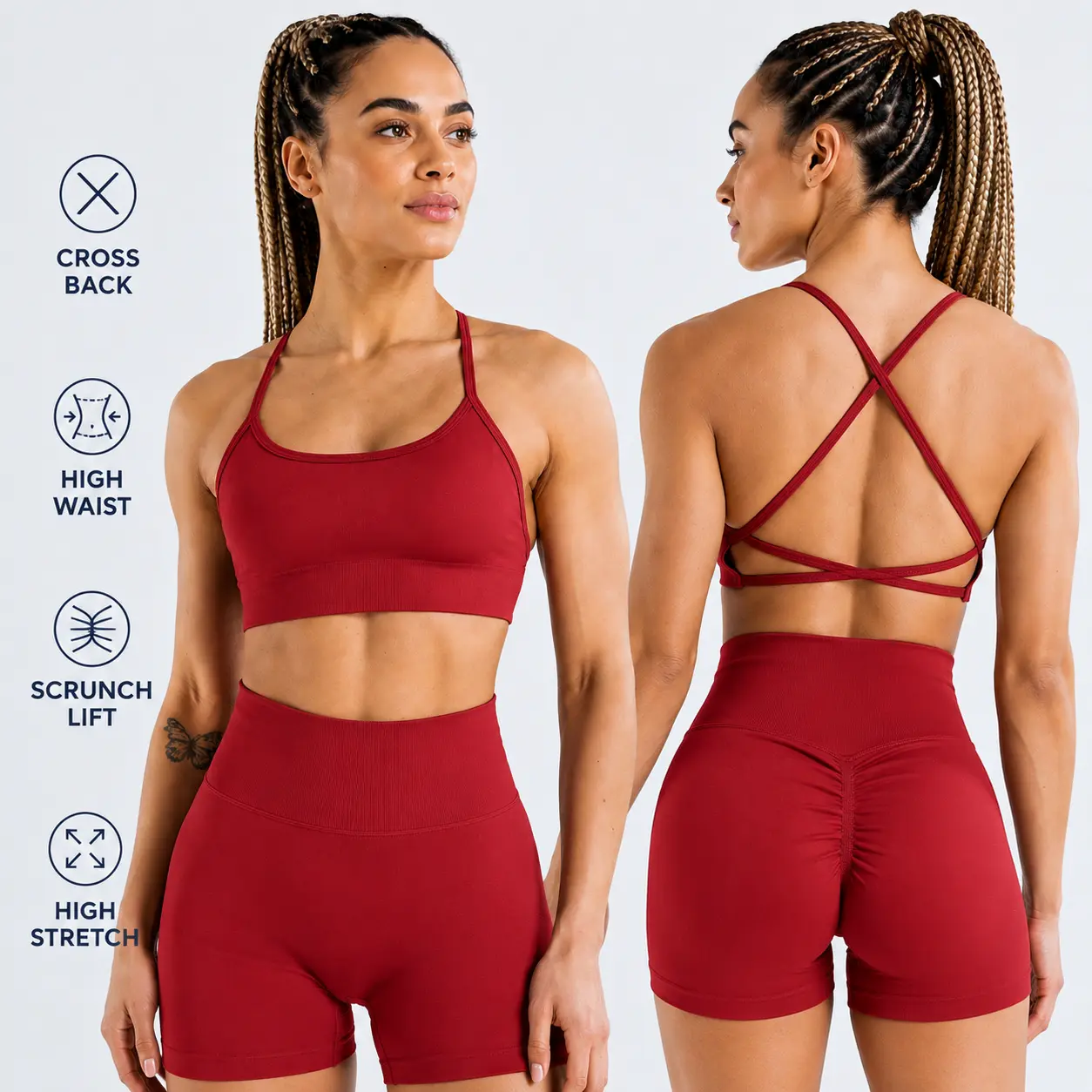 DFYNE Women’s Matte Cross Back Sports Bra & Running Shorts Set, Seamless Yoga Workout Outfit, High Stretch Gym Fitness Activewear Set,lightweight,compression,sportswear,impact gym,Trendy,Women's,Christmas,Loungewear,Leggings,Patchw,Ruched,Waist,warm,thick
