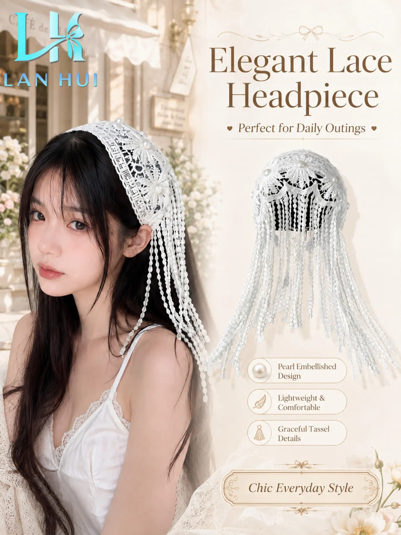 Lace Pearl Fringe Headband, Elegant Boho Style, Breathable and Comfortable, Perfect for Daily Wear, Vacations, Weddings
