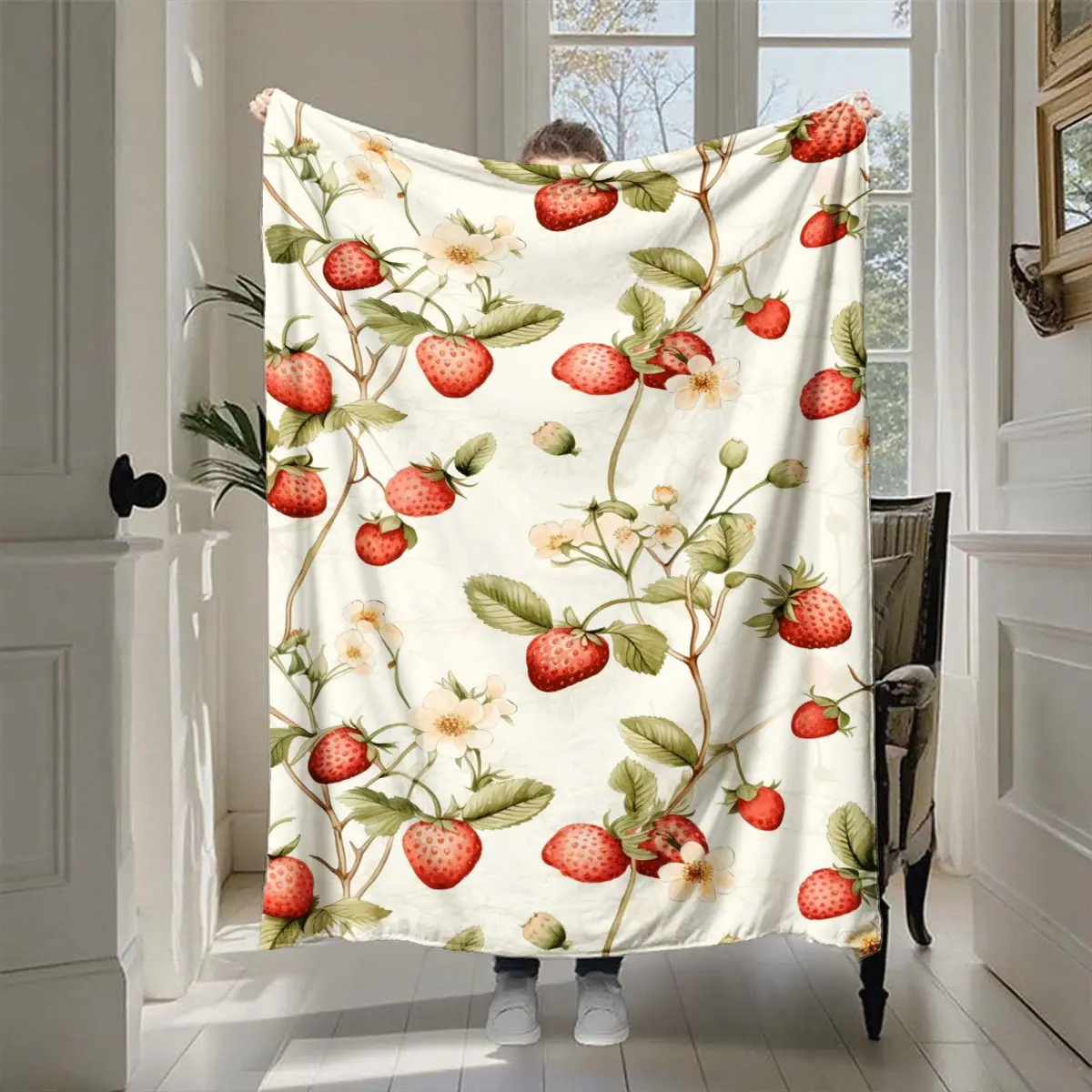Vintage Watercolor Strawberry Vine Blanket, Hand-Printed Throw Blanket with White Flowers and Red Strawberries, French Countryside Decor Blanket, High-Density Flannel Home Nap Sofa Blanket