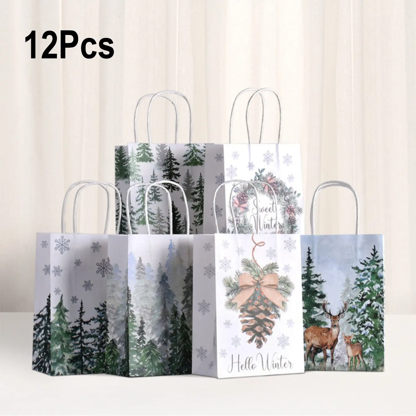 12Pcs,Christmas Gift Bags with Sturdy Handles - Kraft Paper Party Favor Packs (White with Forest, Snowflake & Reindeer Patterns) - Xmas Goodie Bags, New Year Party Supplies, Sturdy Packaging for Candy,, Retail Shopping