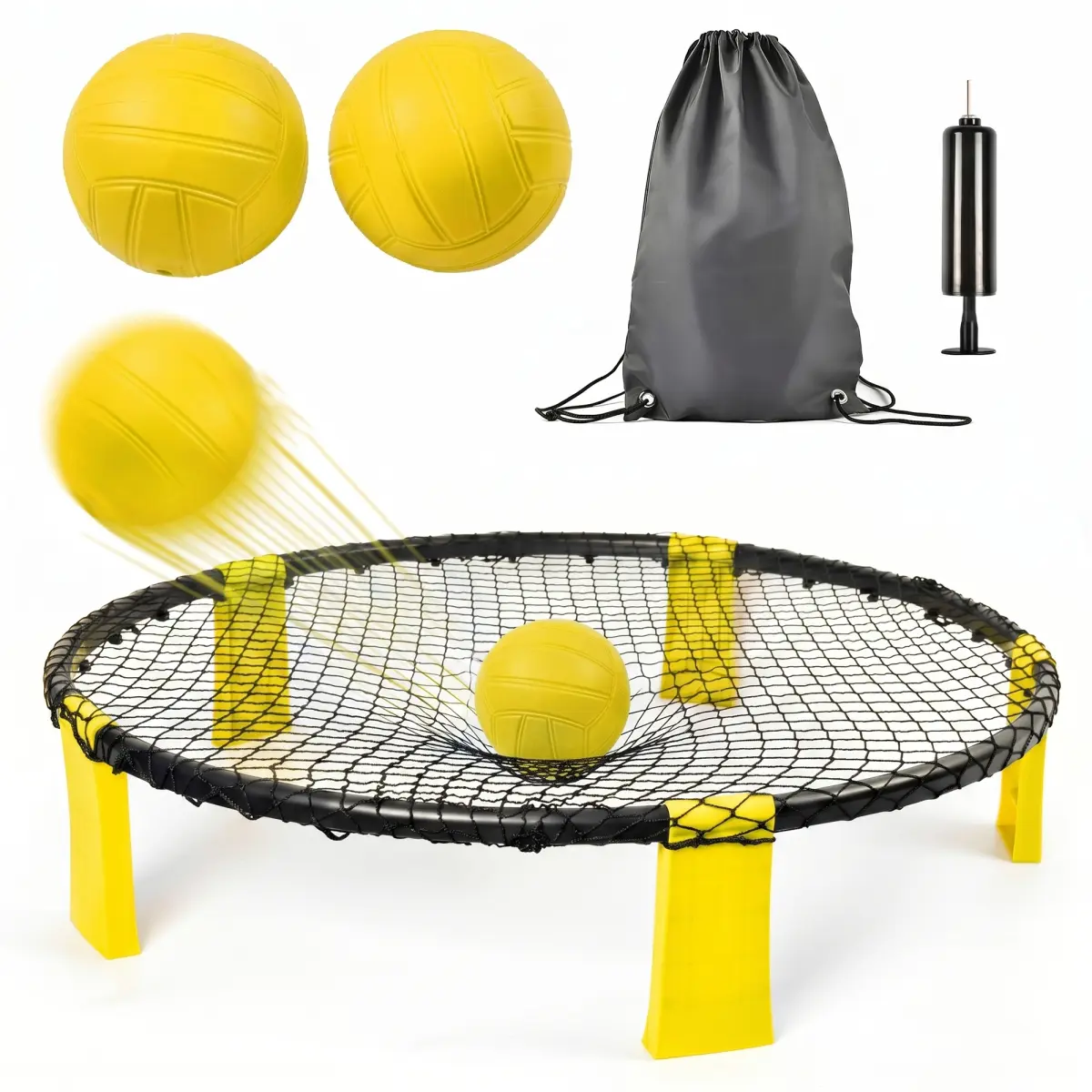 Yellow Portable Roundnet Game Set, 36*36*8 Inch Plastic Outdoor Beach Lawn Game Kit with 2 Balls, Sturdy Net and Carry Bag, Tool‑Free Quick Setup Family Recreation Game for Backyard Park Camping Gathering