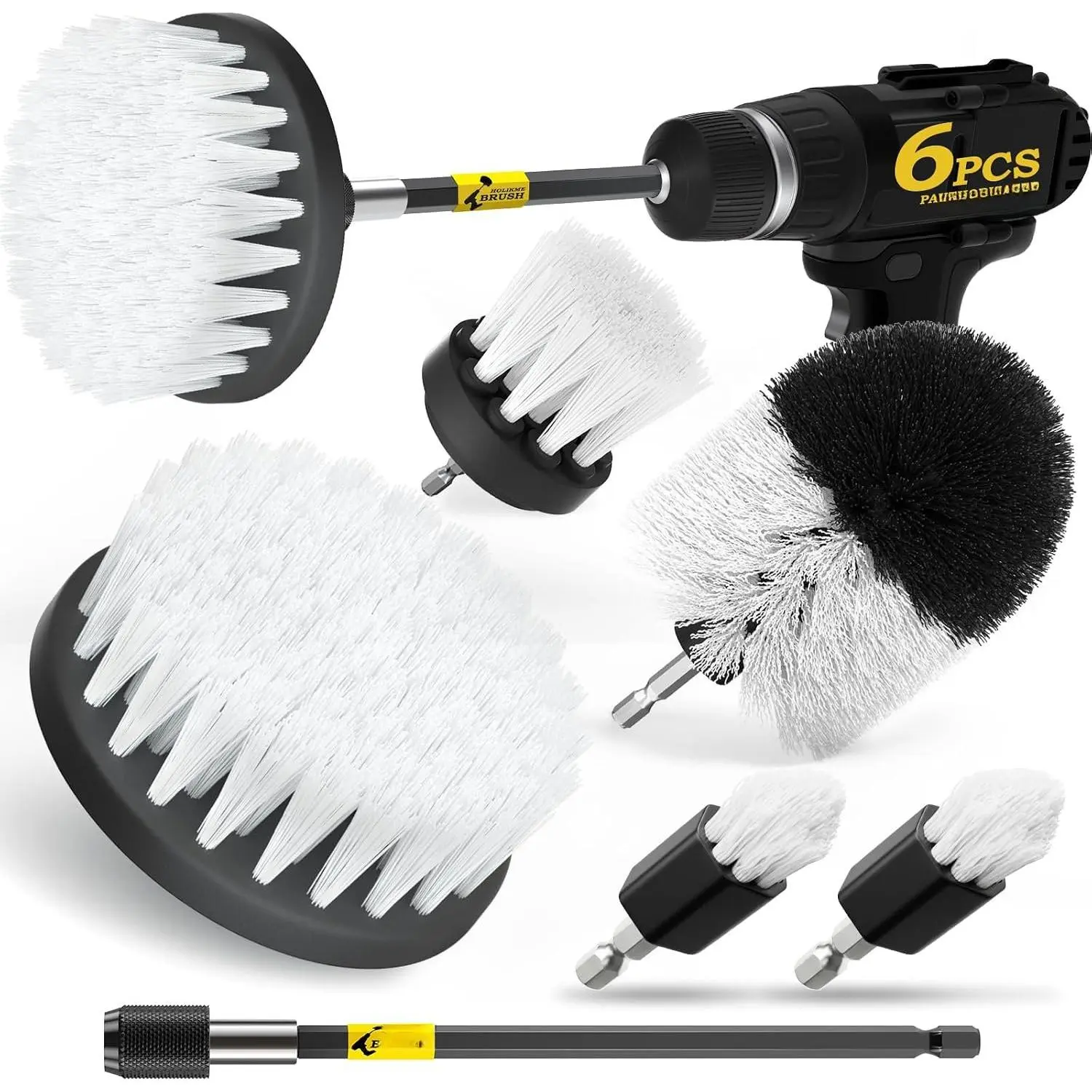 6Pack Drill Brush Power  Cleaning Brush Extended Long Attachment Set  Purpose Drill Scrub Brushes Kit for Grout, Floor, Tub, Shower, Tile, Bathroom and Kitchen Surface White