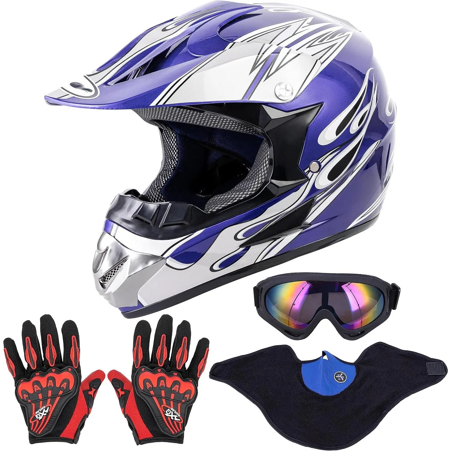 Adult Motocross Dirt Bike Helmet with Goggles, Gloves & Mask Dirt Bike ATV Helmet  Unisex-Adult Men Women Adjustable Sun Visor DOT/FMVSS-218 Off-Road Motorcycle Helmet UTV Helmet Downhill