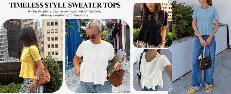 Saodimallsu Womens Short Sleeve Cardigans Ruffle Button Down Crew Neck Peplum Babydoll Knit Sweater Tops